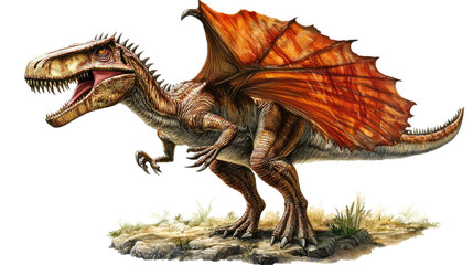 Fototapeta premium Majestic Dimorphodon: A fearsome Dimorphodon, a pterosaur with impressive wingspan and sharp teeth, stands poised on a rocky outcrop, its vibrant orange wings spread wide.