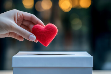 Close-up of a hand dropping a soft red heart into a donation box, symbolizing love, giving, and kindness on Valentine&rsquo;s Day