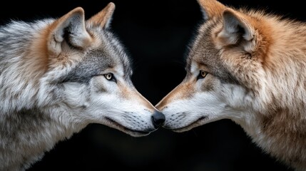 Fototapeta premium Two wolves face each other, showcasing their intense gaze and fur details.