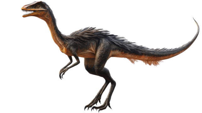 A feathered dinosaur: A detailed illustration of a fearsome dinosaur with a long neck, sharp claws and feathers, a  fascinating look into prehistoric life. 