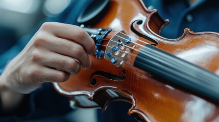 A close-up of a hand tuning a violin's pegs, highlighting craftsmanship and musical preparation.