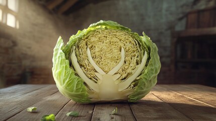Obraz premium Halved cabbage rustic kitchen table, sunlit attic background, food photography