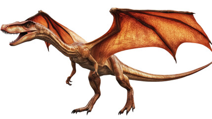 Fototapeta premium Winged Tyrant: A majestic, digitally rendered winged dinosaur, reminiscent of a Tyrannosaurus Rex but with expansive, leathery wings, stands poised against a clean background.