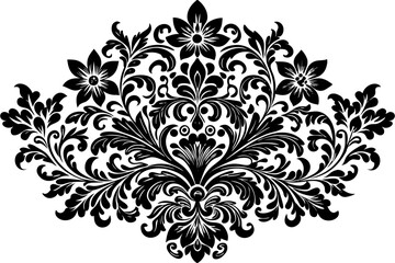 Monochrome Damask Floral Pattern, Intricate Black Lace like Stencil Design for Elegant Deco