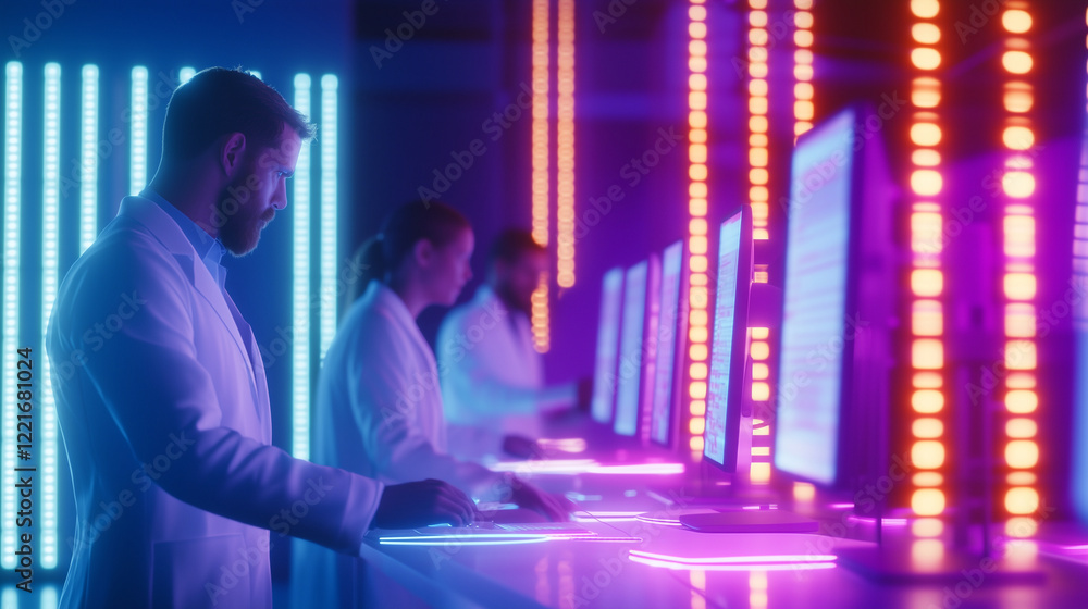 Poster scientists working in high tech laboratory with advanced equipment
