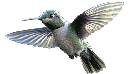 Fototapeta premium Hummingbird in Flight: A vibrant hummingbird, wings a blur, hovers in mid-air, showcasing its iridescent feathers and delicate form. The intricate details of its plumage are beautifully captured. 