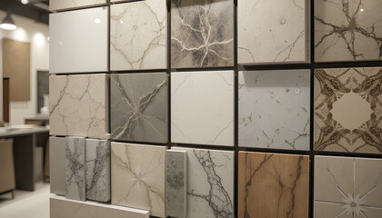 Discover luxury countertop materials for your kitchen remodel, including stone and tile samples in a variety of colors and patterns, ideal for contemporary home decor and architectural styles.