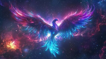 majestic digital phoenix rising from cosmic flames with iridescent feathers in neon blues and purples against a starlit galaxy background