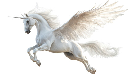 Majestic Pegasus in Flight: A magnificent white winged unicorn, with a flowing mane and tail, soars majestically through the air, its horn gleaming. This ethereal creature embodies grace, power.