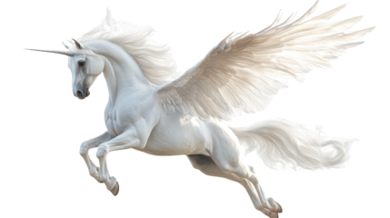 Majestic Pegasus in Flight: A magnificent white winged unicorn, with a flowing mane and tail, soars majestically through the air, its horn gleaming. This ethereal creature embodies grace, power.