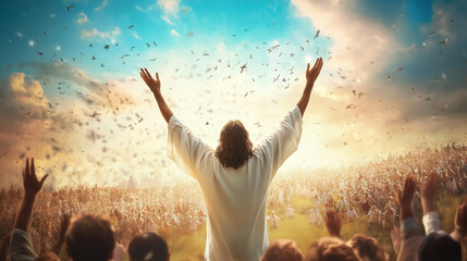A large crowd of people stand with raised arms under a vibrant sky at sunset. The Christ gestures toward the heavens, symbolizing hope and unity among followers.