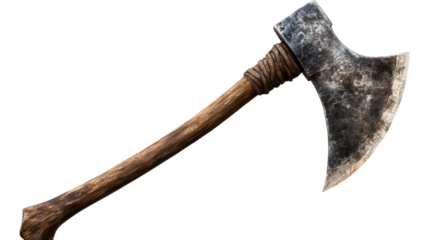 Worn Hand Axe: A weathered hand axe, its wooden handle worn smooth with time, showcases the strength and resilience of a tool forged for survival. The axe's blade, bearing the marks of countless uses.