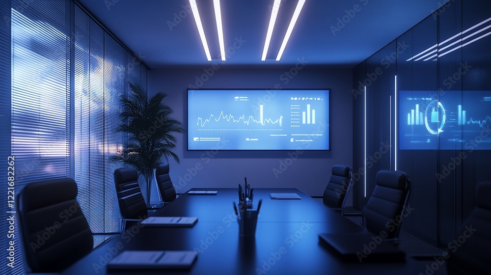 Poster a modern conference room with a large screen displaying data in blue tones minimal lighting