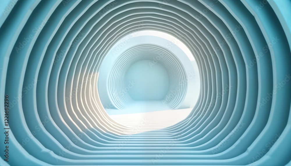 Poster abstract tunnel design with soft blue, white colours. three dimensional shapes create futuristic, st