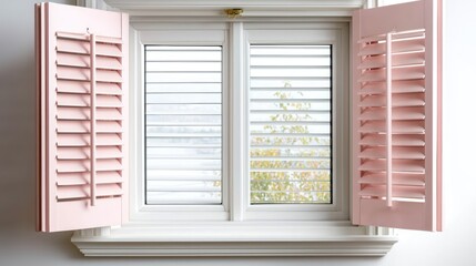 A window with pink shutters open, revealing a blurred outdoor view.