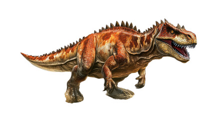 Fototapeta premium Carnotaurus: A fearsome Carnotaurus dinosaur, its sharp teeth and menacing horns on display, strides forward in a powerful pose, inviting you to explore the prehistoric world.