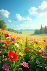 Colorful flowers in a field on a warm day, gradient, floral