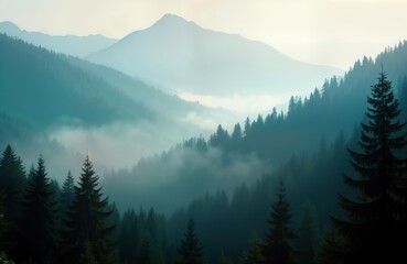 Fototapeta premium Misty mountain landscape with dense forest. Foggy morning view. Calm scene. Nature background with trees and peaks. Hiking trip. Travel destination. Peaceful atmosphere.