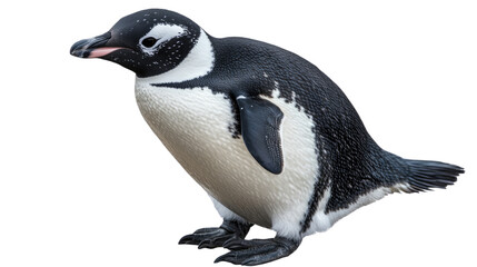 Humboldt Penguin Portrait: A curious Humboldt penguin chick, with its distinctive black and white plumage, stands upright, showcasing its adorable features and captivating gaze.