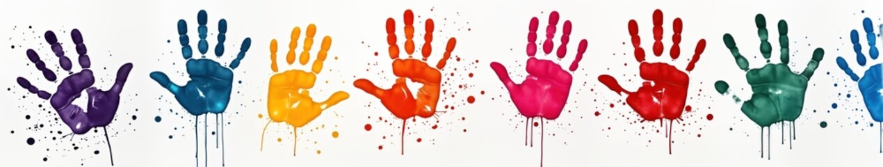 Colorful handprints in various colors on white background. Paint drips, splatters enhance artwork. Childrens art project. Fun, creative. Vibrant colors. Playful art piece. Prints on white canvas.