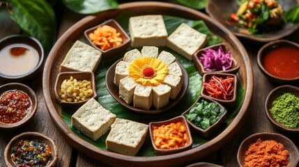 Fototapeta premium Asian tofu dish, vibrant garnishes, wooden platter, restaurant setting, food photography
