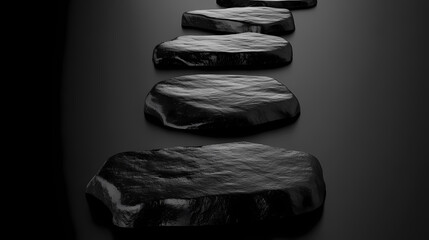 Black polished stone path. smooth, dark stones create a sleek, elegant pathway. reflecting light, they suggest sophistication and mystery. Obsidian Path. Illustration
