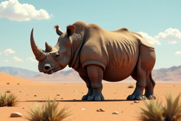 Fototapeta premium Colossal Woolly Rhinoceros standing alone in the desert, animal, woolly rhinoceros, silhouette