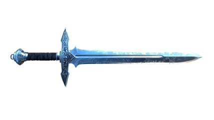 Frozen Blade: An icy, intricately detailed fantasy sword, its blade shimmering with frost, lies isolated against a clean background, ready for adventure or display. 