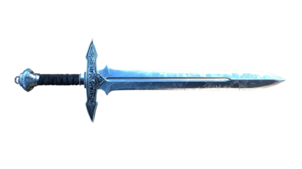 Frozen Blade: An icy, intricately detailed fantasy sword, its blade shimmering with frost, lies isolated against a clean background, ready for adventure or display. 