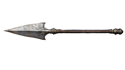 Ancient Spear Weapon:  A meticulously detailed image showcasing an ancient spear, its weathered wooden shaft contrasting with the sharp, metallic spearhead.