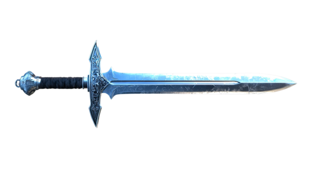 Frozen Blade: An icy, intricately detailed fantasy sword, its blade shimmering with frost, lies isolated against a clean background, ready for adventure or display. 