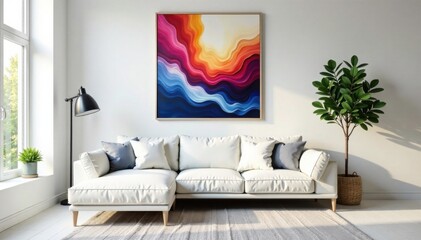 Cozy white room with comfortable sofa and abstract art poster, white, room, art