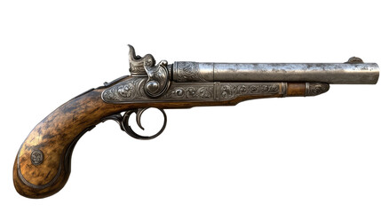 Antique Engraved Percussion Pistol: A meticulously crafted antique percussion pistol with a gleaming silver finish, intricate engravings, and a beautifully polished wooden grip. This firearm.