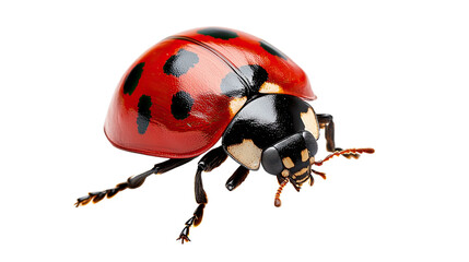 Fototapeta premium Ladybug Close-up: A vibrant red ladybug with black spots, poised on a delicate stalk, showcases its intricate details in this macro photography masterpiece.