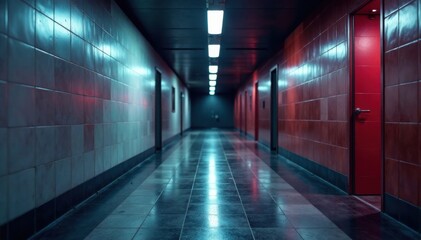 Obraz premium Dark corridor with blurred white tiles , blur, hospital hallway