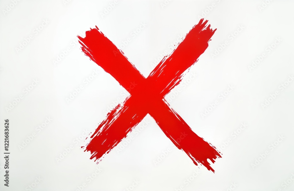 Poster hand drawn red x symbol on transparent background. brushstrokes create rough texture. simple design 