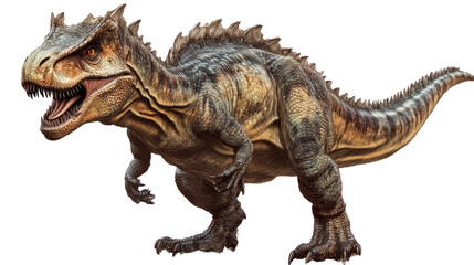Fototapeta premium Carnivorous Apex Predator: A fearsome dinosaur with sharp teeth and claws stands in a menacing pose, its powerful muscles rippling beneath its scales, showcasing its prehistoric dominance. 