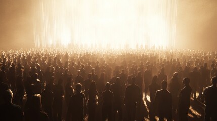 Crowd gathered in a dramatic, illuminated setting.