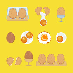 Vector illustration of chicken eggs, various menu items Supermarket food products from poultry farms, isolated, nutritious, healthy food. Food menu. Cooking is isolated on a white background.
