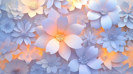 An intricate paper art scene with layered cut-out flowers in pastel shades, delicately arranged to create depth and texture, with a soft glow highlighting each petal