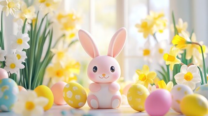 Obraz premium Bright Easter celebration scene with a cheerful bunny surrounded by vibrant eggs and blooming daffodils