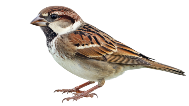 House Sparrow Portrait: A detailed close-up of a house sparrow, showcasing its distinctive brown, beige, and white plumage. The bird is perched, viewed from the side, against a clean background.  