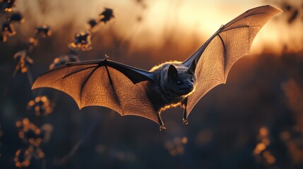 Silhouetted bat flying amidst a colorful moody sunset sky  The winged mammal effortlessly navigates the twilight air its dark figure contrasting against the vibrant evening landscape