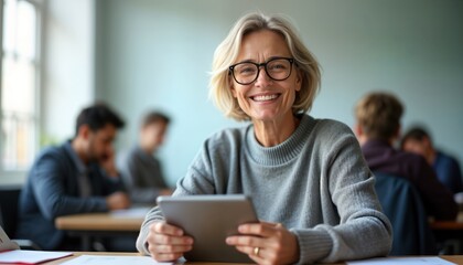 Middle-aged woman teacher sits at school office desk. Holds tablet, smiles happily. Students seated in background. Modern tech use in education. Digital class learning environment. Happy professional