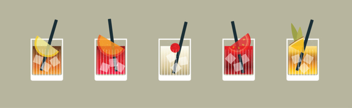 Colorful set of 5 classic cocktails, including the Bloody Mary, Mai Tai, John Collins, Sazerac, Whiskey Sour, or Boulevardier, each with ice, a straw, and a fruit garnish.