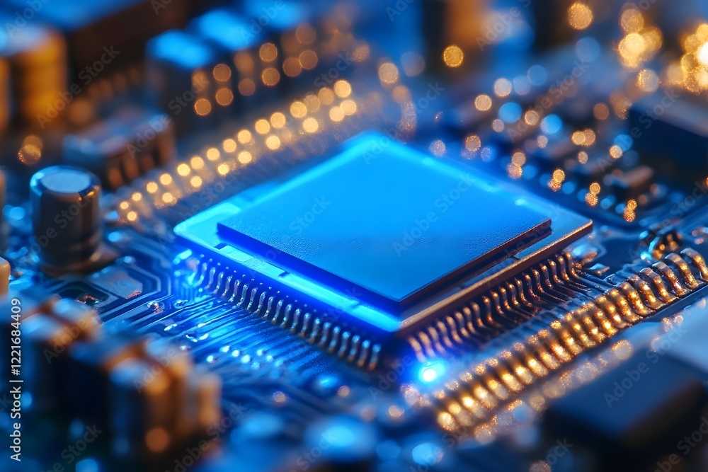 Poster close up blue illuminated computer microchip circuit board technology digital high tech modern elect