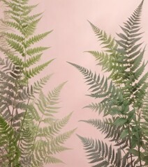 Delicate watercolor-inspired floral design featuring ferns and foliage on a pastel pink background, romantic, fern, floral