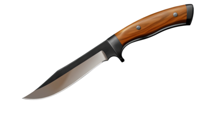 Sharp and Reliable: A close-up of a fixed blade hunting knife with a sleek, matte finish,  a wooden handle, and a sharp, pointed blade. The knife is positioned at an angle.