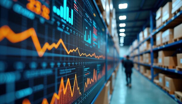 Warehouse tech system shows data graphs, inventory tracking. Digital interface with analytics, stats. Logistics optimization process. Modern tech for efficient storage, management. Futuristic design.