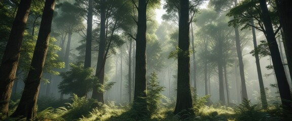 dense forest with tall trees and canopy cover, trees, evergreen, nature